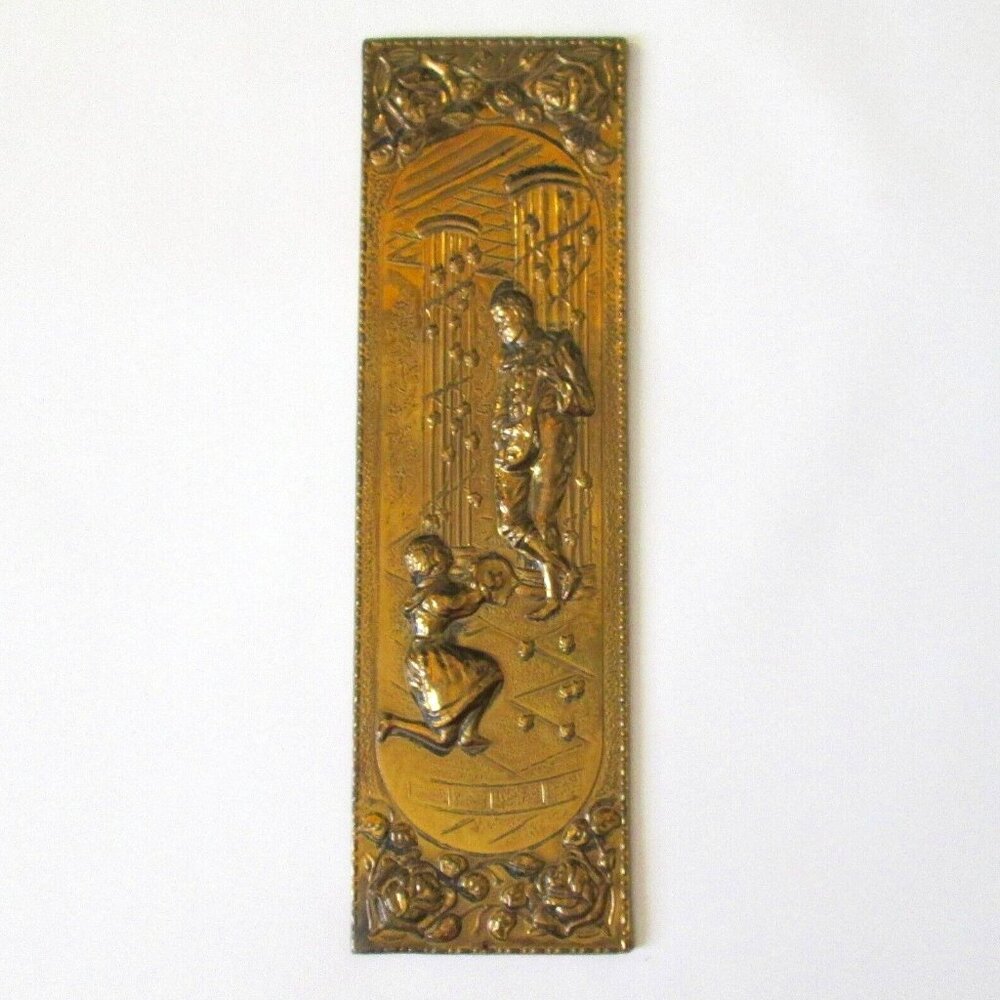 Vintage Elpec Brass Plaque Raised Relief 3D Repousse Venetian Musicians 4 x 14